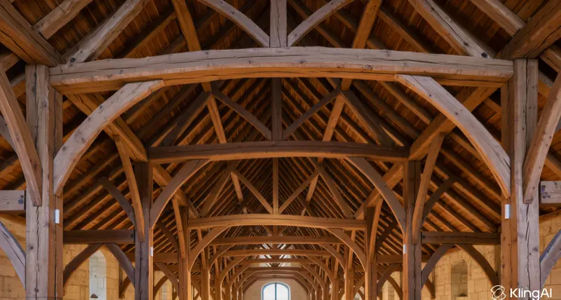 Charpente traditionnelle en bois massif avec fermes et arbaletriers assembles